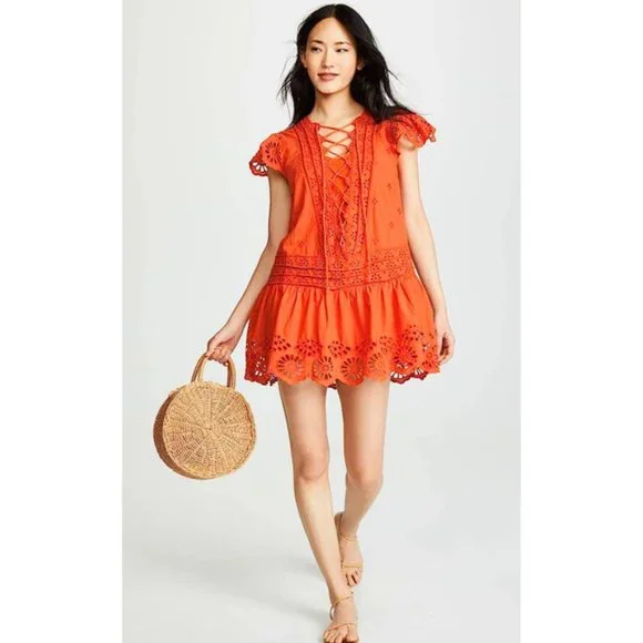 Dresses | Free People Orange Esperanza Eyelet Boho Flowy Laceup Mini Dress  | Poshmark